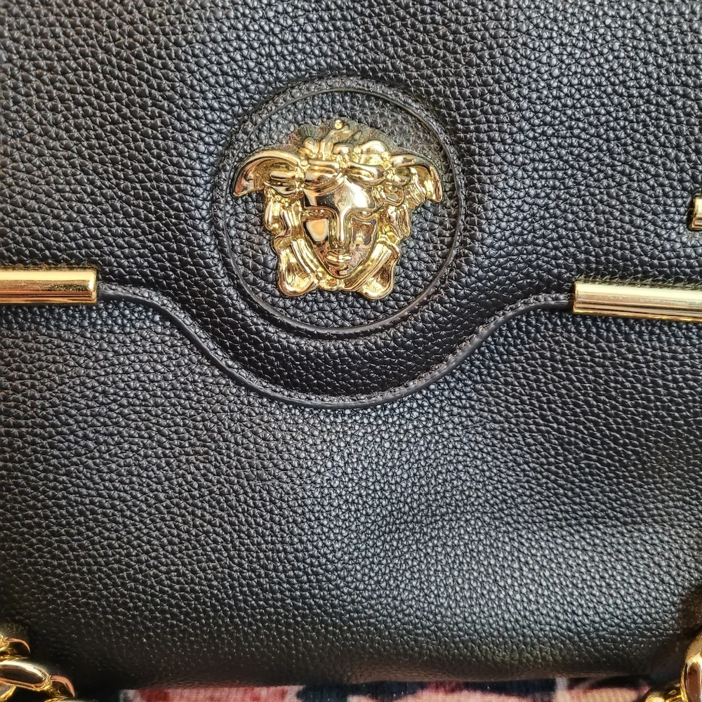 V Designer Satchel Bag Purse with Gold Medusa Head - Picture 7 of 9